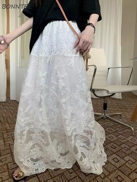 Long Skirts Women White Lace A-line Spring High Waist French Style Elegant Sweet Hollow Out Leisure Fairycore Trendy Y2k Ins 3XL 260326