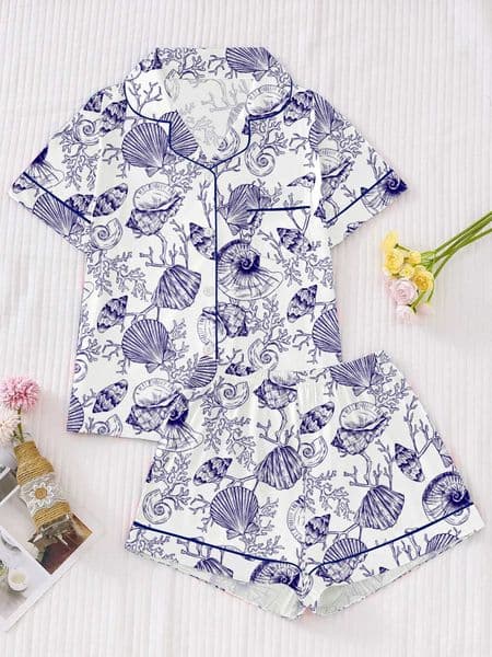 Standard Size Spring and Summer Womens Two-Piece Pajamas Holiday Style Seaside Shell Print Comfortable Short-Sleeved Button T-Shirt C260327