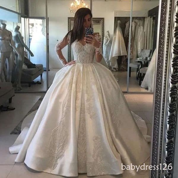 2026 Ball Gown Wedding Dresses V Neck Lace Appliques Beaded Long Sleeves Sation Backless Sweep Train Plus Size Bridal Gowns Vestidos 403 ZD19