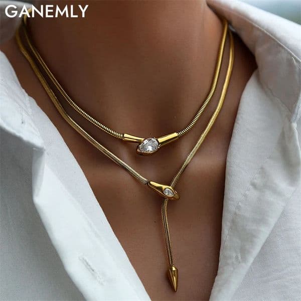 GANEMLY 316L Stainless Steel Snakehead Shining Zircon Necklace Trendy Neck Chain Choker Collar Waterproof Jewelry For Women 260327
