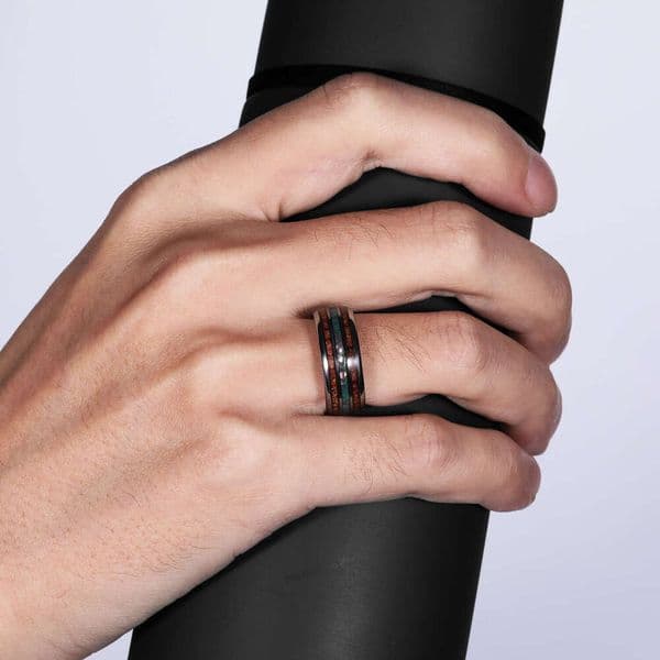 tungsten steel ring with shell inlay and wood grain 8mm wide comfortable ring unisex Hip Hop style