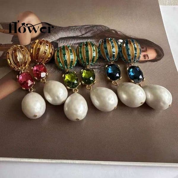 Fashion Statement Vintage Heavy Craft Colorful Rhinestone Hot Air Balloon Lantern Pearl Stud Earrings for Women