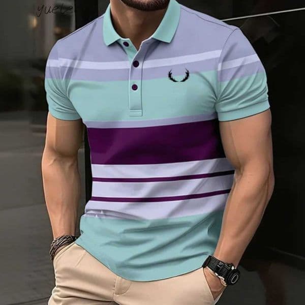 Fashion Striped Printed Mens Polo Summer Breathable Men Clothing Casual Loose Mens Polo Top Versatile O-Neck Mens Polo Shirt S26326