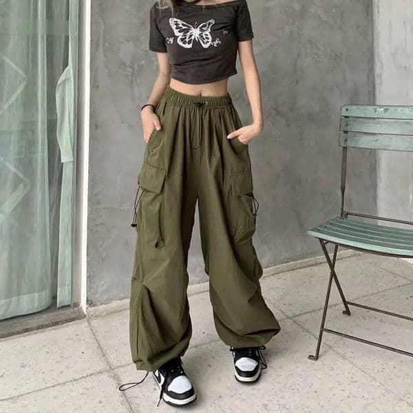 Women Casual Baggy Cargo Pants Solid Low Waist Joggers Tech Pants Drawstring Wide Leg Baggy Trousers Y2K Streetwear Sweatpants 260323