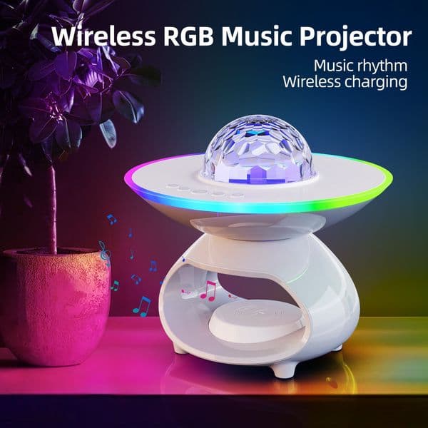 Wireless RGB Music Projector Night Light with Wireless Charging Bluetooth Speaker for Bedroom