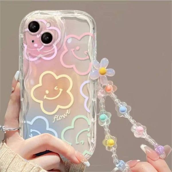 Phone Case For iPhone 16 15 Pro Max 14 11 13 12 Mini Plus 16E 17 Air IPhone17 Back Cover Flower Bracelet Wrist Chain Strap