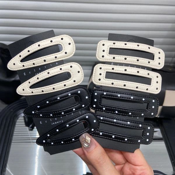 Black White Polka Dot Leather Hair Clips Womens Forehead Fringe Bangs Clip Sweet Cool Spicy Girl BB Clip Simple Clip Women 260324