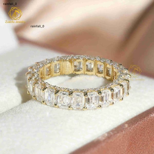 Fine Jewelry Women 14K Yellow Gold 3x4mm Emerald Cut Eternity Rings Moissanite Diamond Ring