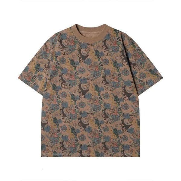 Summer high-end new design trendy brand contrasting color floral short-sleeve T-shirt, versatile, simple, loose, round-neck top