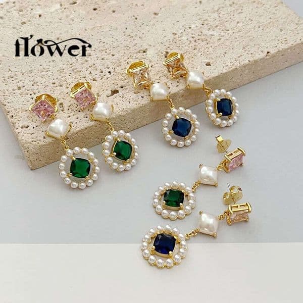 New fashionable French retro light luxury commuter niche design geometric earrings with colorful rhinestones embedded in 18k gold-plated copper
