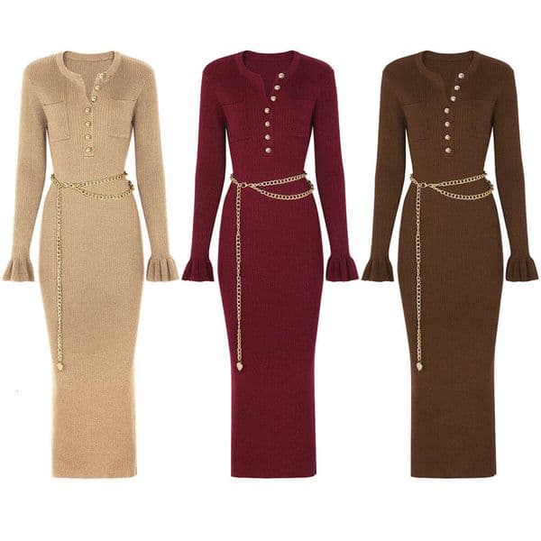 Spring and Autumn New Designer High Quality Fashion Knitted V-neck Slimming Chain Belt Long S18 Sleeve Dress