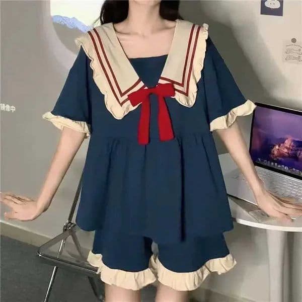 Plus Size Pajamas Sweet Womens Homewear Doll Neck Girls Pajamas Kawaii Dress Solid Color Short Sleeve Shorts 2PCS/Set Student C260327