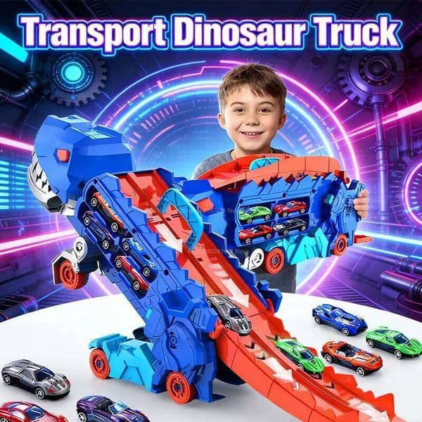 Dinosaur Truck Sliding Race Track Sets With 4 Cars Foldable Into T-Rex Kids Birthday Gift Toddler Boys Girls Play STEAM Toy