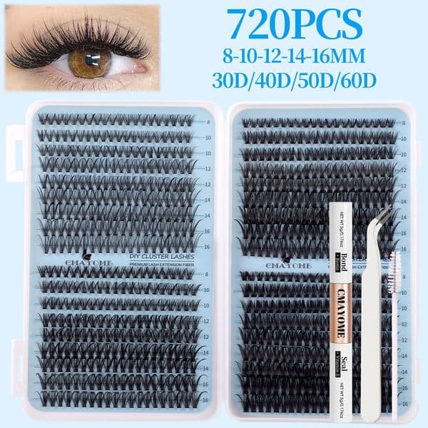 Thick Fluffy Individual Lashes DIY Cluster Eyelashes Kit with Lash Bond & Seal Reusable Handmade DIY Segmented Eyelash Extensions D Curled Grafted Lashes