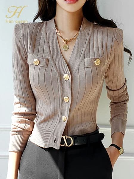 H Han Queen Korean Chic V-Neck Knitted Cardigan Sweater For Women Casual Basic Long Sleeve Cardigans Autumn Vintage Sweaters Top 260326