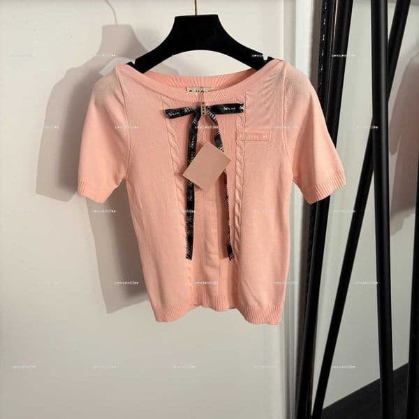 Luxury round neck women top Summer lady short-sleeve women designer clothes bow tie short sleeved knitted sweater A690X14N053