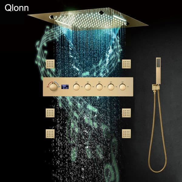 Qlonn Luxury 5 Functions Shower System Set 20 Inch LED Music Rain Shower Head with Side Spray Massage Jets Hot Cold Water Diverter SPA Bathroom Bathroom Accessories