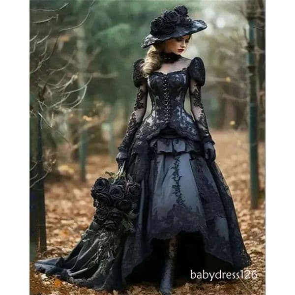 Medieval Black Gothic Dresses Long Sleeves Lace Appliques High Low A-Line Wedding Gowns for Bride Sheer Neck Vintage Steampunk Women Dress O18 ZD19