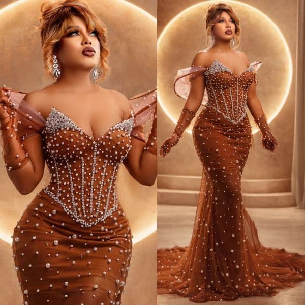2026 Brown Prom Dresses for Women Off Shoulder Mermaid Crystal Beads Pearls Tulle Formal Evening Dress Gowns Sweep Train Plus Size For Black Women