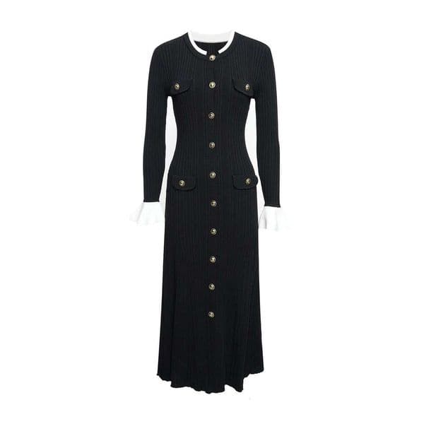 2026 autumn and winter new designer black elegant F8 single breasted slim fit contrasting color noble CC style knitted dress