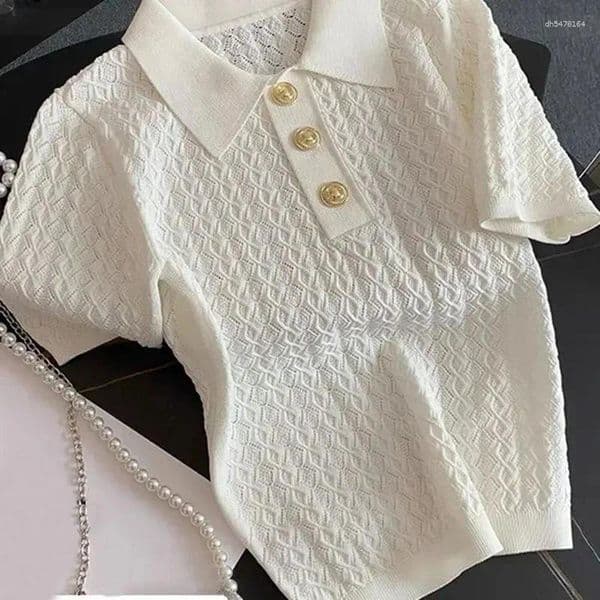 Men's T Shirts FANAN Ice Silk Polo Shirt Knitted Short Sleeve T-Shirts Lady Chic Thin Unique Jacquard Women Tops 2026 Korean Style Clothing