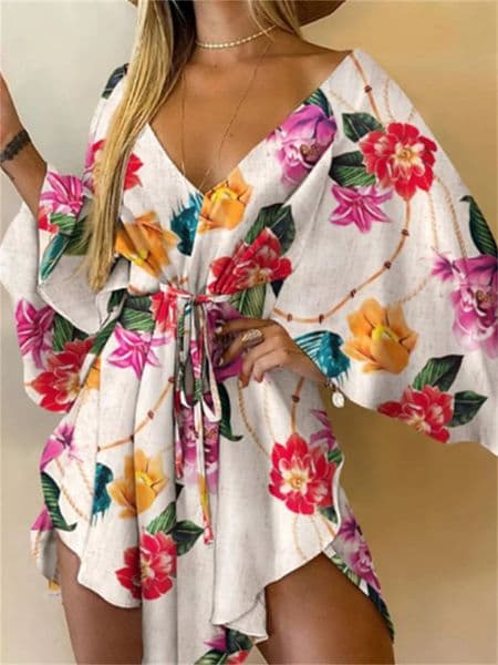 Women Print Dress Sexy V-Neck Bat Sleeve Ruffl Flowers Print Bohemian Beach Sundress Ladies Loose Summer Vacation Mini Dresses 260323