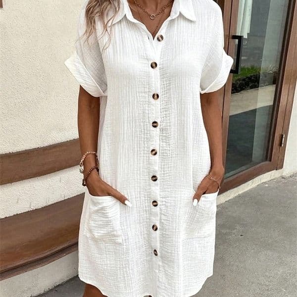 Vintage Women Solid Mini Dress Summer Fashion Vneck Three Quater Sleeve Cotton Linen Ladies Casual Holiday Vestidos y260302BANJIA