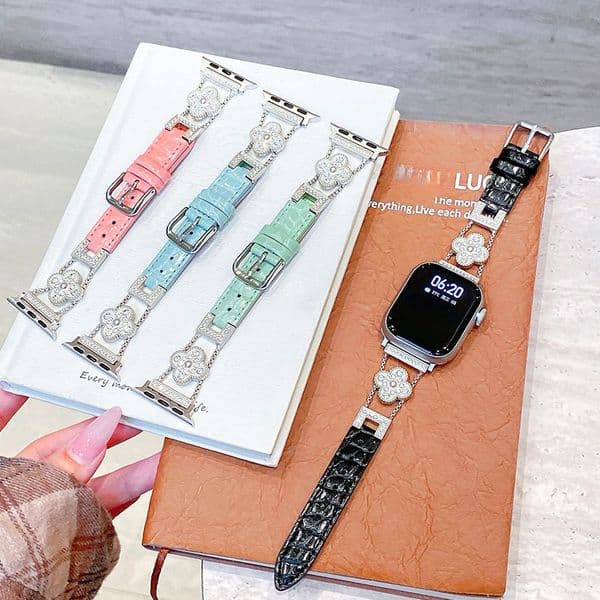Watch band Suitable for phone watch full diamond four-leaf clover leather women's strap Watch