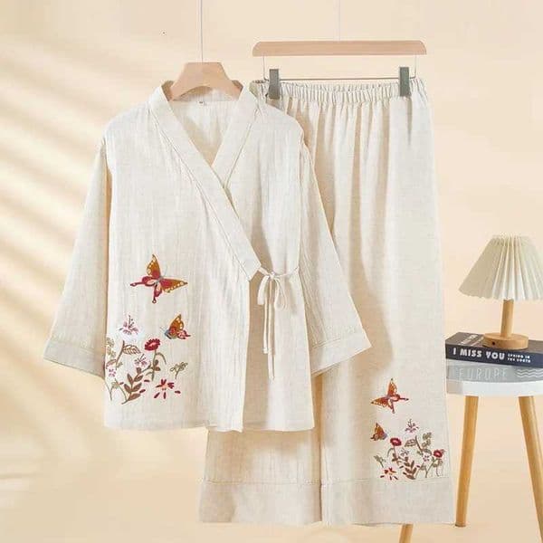 Solid Color Lyocell Cotton Linen Chinese Style Womens Pajamas Autumn Thin Long-sleeved Embroidered Home Clothes Kimono Pijamas C260327