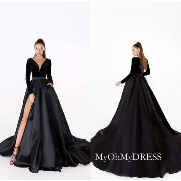 Black Evening Dresses V Neck Velvet A Line Sweep Train Satin Skirt Long Sleeve Cheap Prom Dress Sexy High Split Formal Occasion Gowns D0327