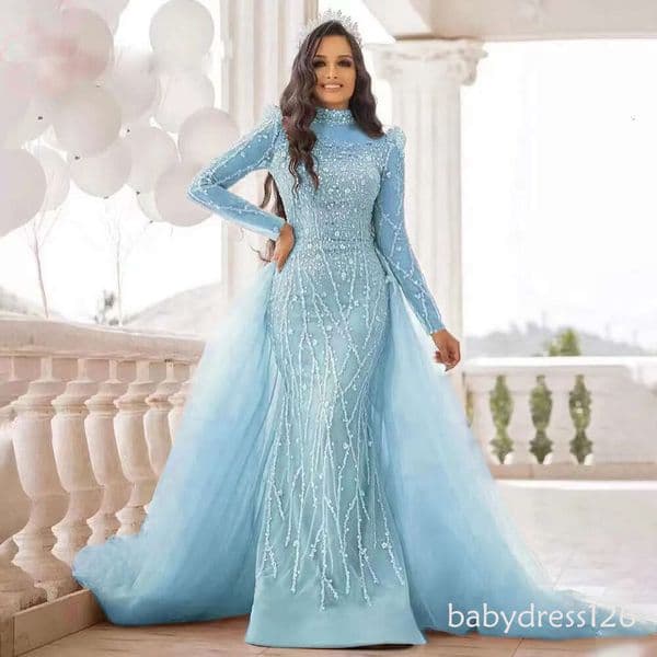 Mermaid Arabic Mother Of Bride Dress Jewel Neck Sequins Middle East Shiny Party Gowns Long Sleeve Prom Formal Evening Dresses 403 ZD19