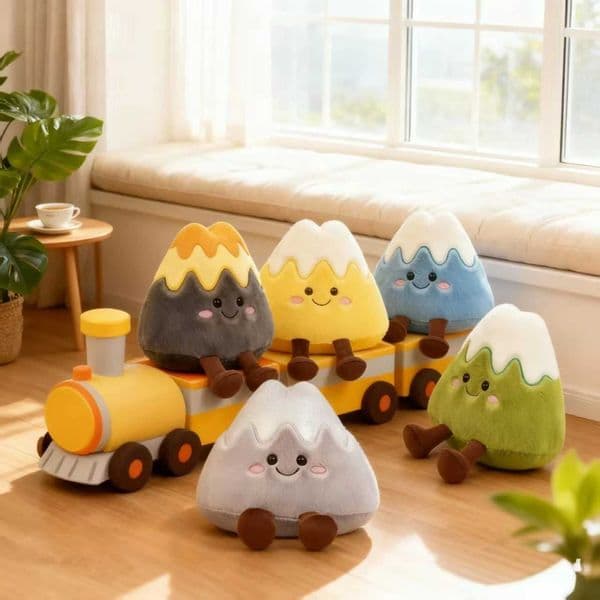 Cute Anthropomorphic Plush Toy Figurine Featuring Gold and Silver Mountains Snowy Peaks and A Volcanic Theme With Fun Elements R251210