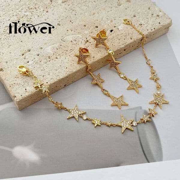 Fashionable Luxurious Commuting Jewelry Set with Minimalist Design, Full Diamond Inlay, Star Pendant Earrings and Bracelet