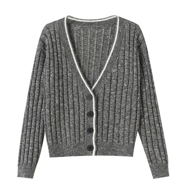 2026 spring/summer designer fashionable and elegant D17 contrasting color striped V-neck loose hollow slim fit CC women's knitted cardigan
