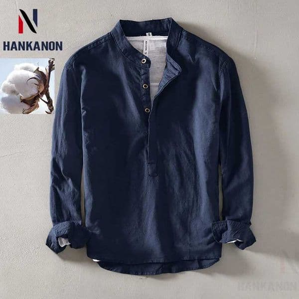 2024 Mens Linen Long-slved Shirt with Stand Collar Youth Casual Loose Mens Cotton and Linen White ShirtBeach Vacation Top L260327