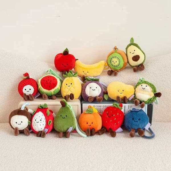New Cute Coconut Avocados Fruit Plush Keychains Fashion Mango Apple Backpack Charms Fun Pear Kiwi Strawberries Pitaya Plush Toys R251210