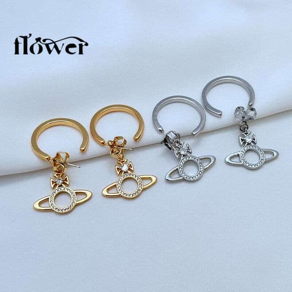 18K gold-plated zircon planet double earrings with S925 silver pins, fashionable versatile earrings, Japanese and Korean jewelry wholesale