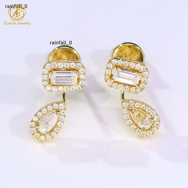 Luxury Fine Jewelry High Quality 2x4mm Pear Shape Iced Moissanite Drop Earrings S925 Silver Screw Back Gold Plating Anniversary