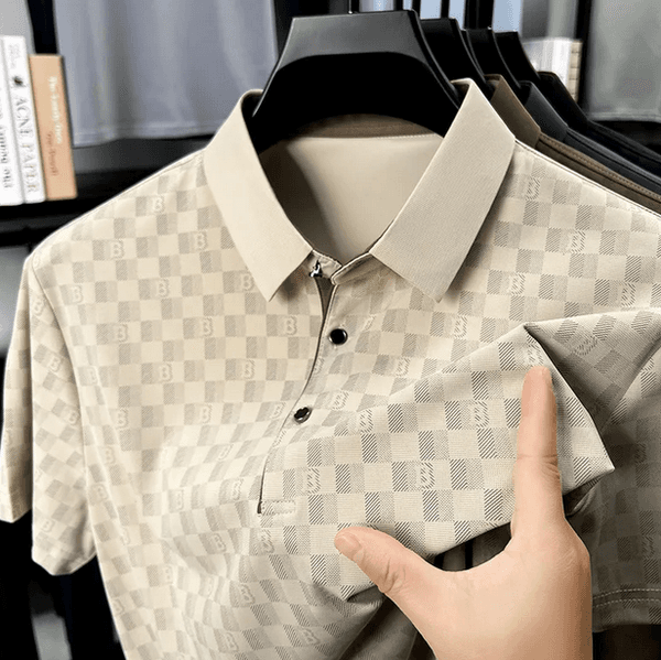 Luxury Brand Designer Clothes Ice Silk Cool Summer Business Casual Printed Short Sleeve T-Shirt For Middle-Aged And Young Men, Turn-Down Collar, Simple And Eleg