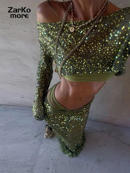Beach Sequin Crop Top Long Skirt Set Women Slim Slash Neck Long Sleeve Jumper Mermaid Skirt Summer See Through Green Outfit 260326