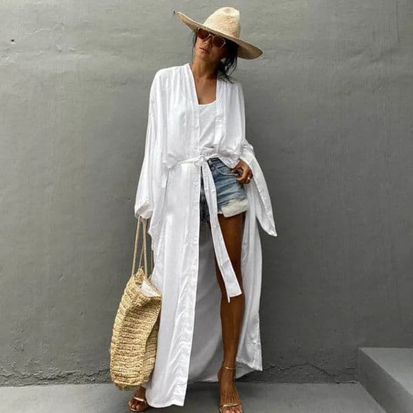 Solid Beach Cover Up Women Self Belted Wrap Kimono Dress Swimsuit 2025 Robe Summer Beachwear Factory Supply 260312