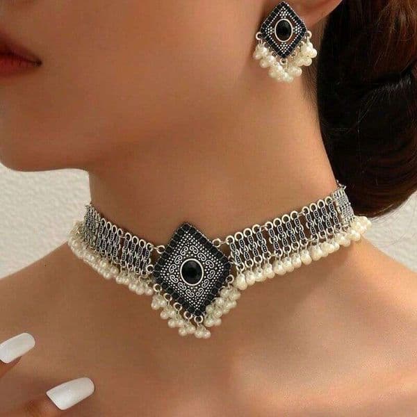 Tribal Jewelry Retro Ethnic Style Luxurious Gemstone Tassel Pearl Earrings And Necklace Two-Piece Set For Women