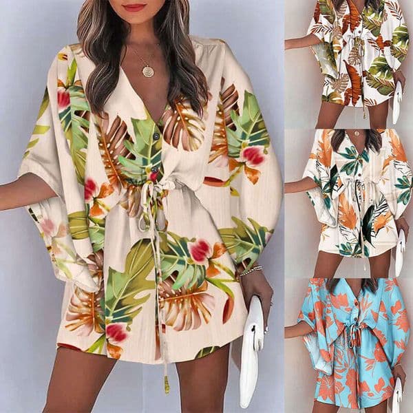 European And American Foreign Trade Clothing, Summer Women's Flutter Sleeve V-Neck Tie-Dye Printed Beach Dress Wholesale