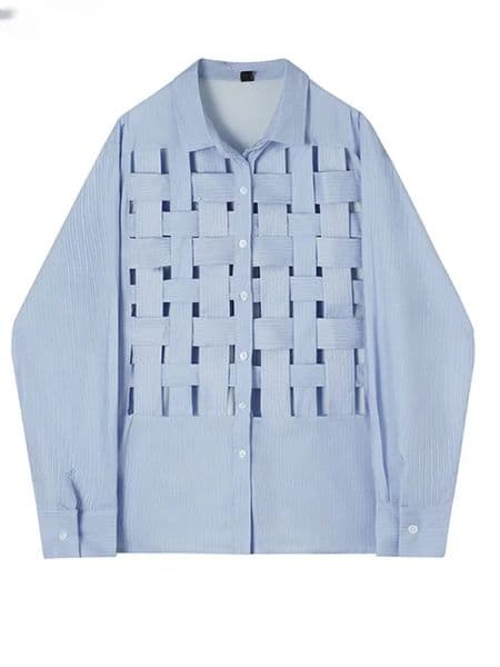 Woven Cut Out Big Size Stripe Shirt Women Lapel Long Sleeve Button Through Blouse Female Summer Clothing Spring 260326