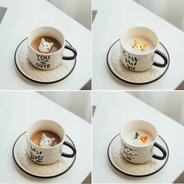 200ML Kitten Ceramic Coffee Mug with Saucer Cute Three-dimensional Bottom Animal Cow Milk Teacup Girl Cat Mug Holiday GiftT260328