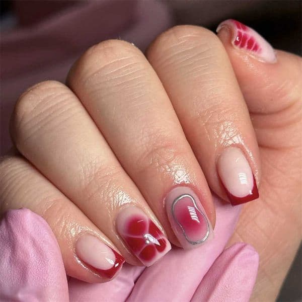French-style red press-on nails popular floral petal manicure fake nails short square nails T260328