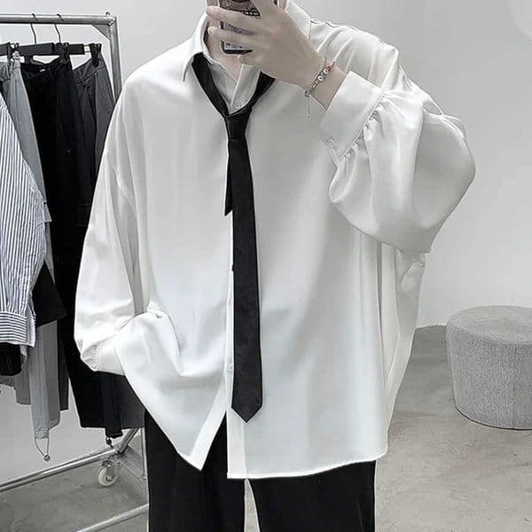 Korean Style Mens Long-slved Shirts Black Tie Cozy Casual Solid Oversize Blouses Breathable Loose Shirt Harajuku Male Clothes L260328
