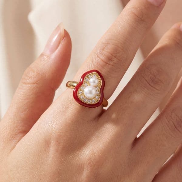 Elegant Pearl Ring with Red Enamel CZ Halo Ideal for Bridal Anniversary Gift Giving