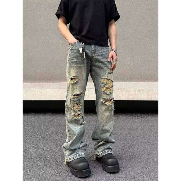 Trashy Y2K 2000S Streetwear Washed Blue Baggy Stacked Ripped Jeans Pants For Men 90S Vintage Clothes Denim Trousers Ropa Hombre S260327