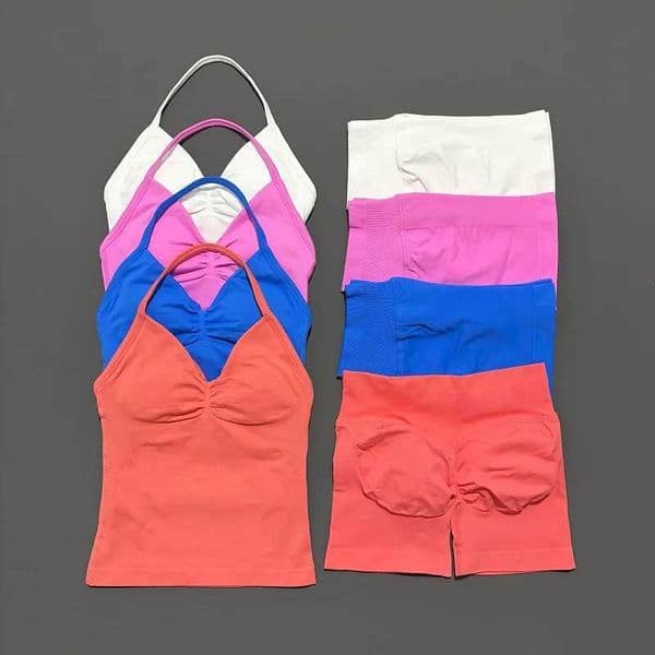 2 Pieces Impt Sports Set Women Bkless Tank Tops High Waist Scrun Seamless Shorts Sport Gym Set Sportswear Workout Set L260528